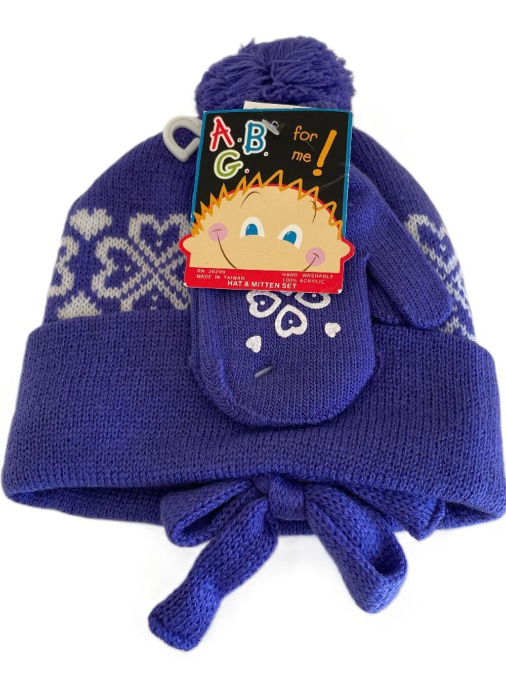Toddler Purple & White Hearts Fair Isle Pattern Pom Pom Beanie Hat & Mitten Set